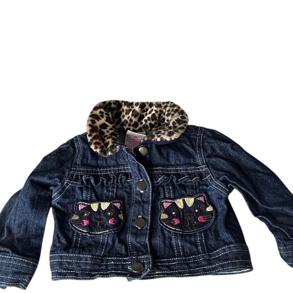 Nanette Kids sz 12 mth Dark denim jacket leopard collar embroidered cat face